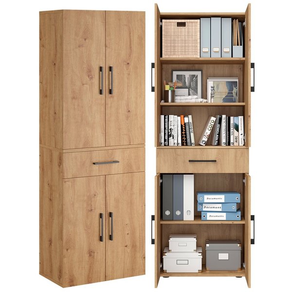 Bellamio Mehrzweckschrank Apol, Hochschrank aus Holz, Aufbewahrungsschrank (Eichenoptik) Aktenschrank mit 6 Fächern, inkl. 1 Schublade, robust & kratzfest
