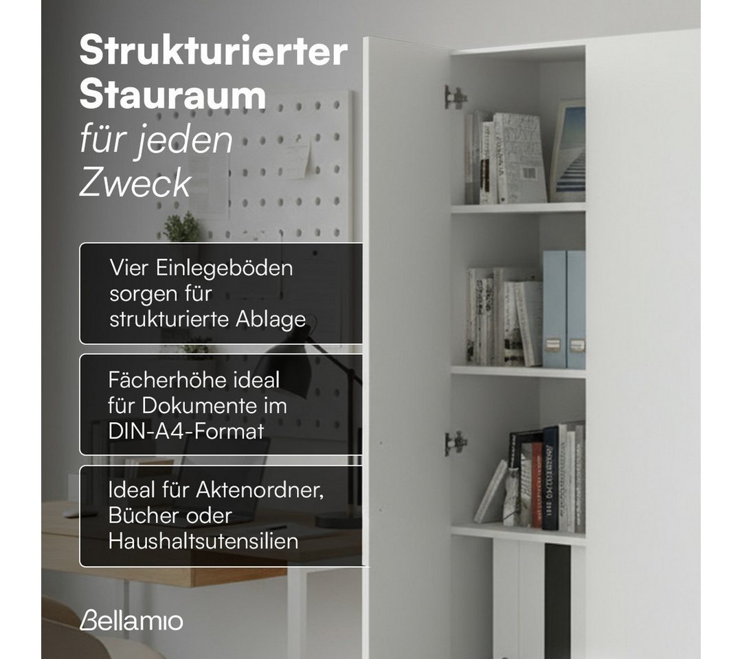 Bellamio Mehrzweckschrank Apol, Hochschrank aus Holz, Aufbewahrungsschrank (Weiß) schmaler Aktenschrank mit 2 Türen & 5 Fächern, robust & kratzfest – Bild 4 von 5