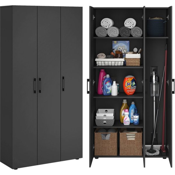 Bellamio Mehrzweckschrank Apol, Hochschrank aus Holz, Aufbewahrungsschrank (Schwarz) Akten- und Besenschrank mit 7 Fächern, inkl. Staubsaugerfach