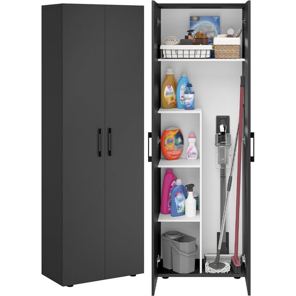 Bellamio Mehrzweckschrank Apol, Hochschrank aus Holz, Aufbewahrungsschrank (Schwarz) Besenschrank mit 5 Fächern, inkl. Staubsaugerfach, robust & kratzfest