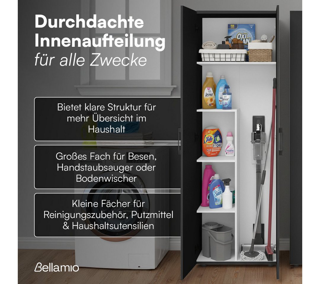 Bellamio Mehrzweckschrank Apol, Hochschrank aus Holz, Aufbewahrungsschrank (Schwarz) Besenschrank mit 5 Fächern, inkl. Staubsaugerfach, robust & kratzfest – Bild 3 von 5