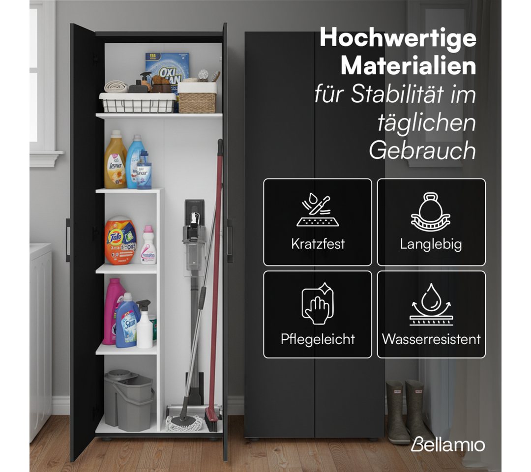 Bellamio Mehrzweckschrank Apol, Hochschrank aus Holz, Aufbewahrungsschrank (Schwarz) Besenschrank mit 5 Fächern, inkl. Staubsaugerfach, robust & kratzfest – Bild 5 von 5