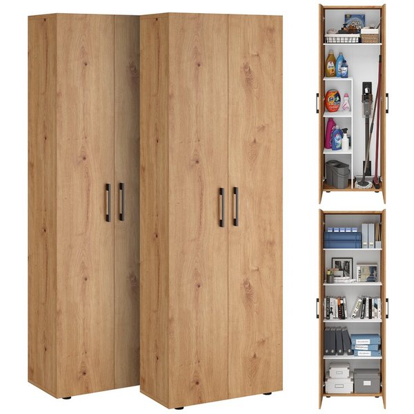 Bellamio Mehrzweckschrank-Set Apol, (Eichenoptik, 2er-Set), Akten- und Besenschrank mit je 5 Fächern, inkl. Staubsaugerfach