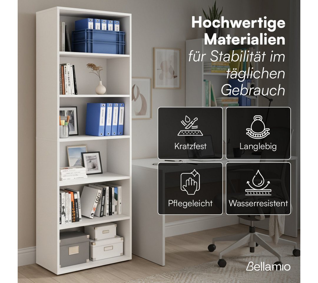 Bellamio Regal Apol Bücherregal 176 cm hoch, mit offenen Fächern & Schubladen, weiß, Holzregal mit 6 höhenverstellbaren Fächern – Bild 4 von 5
