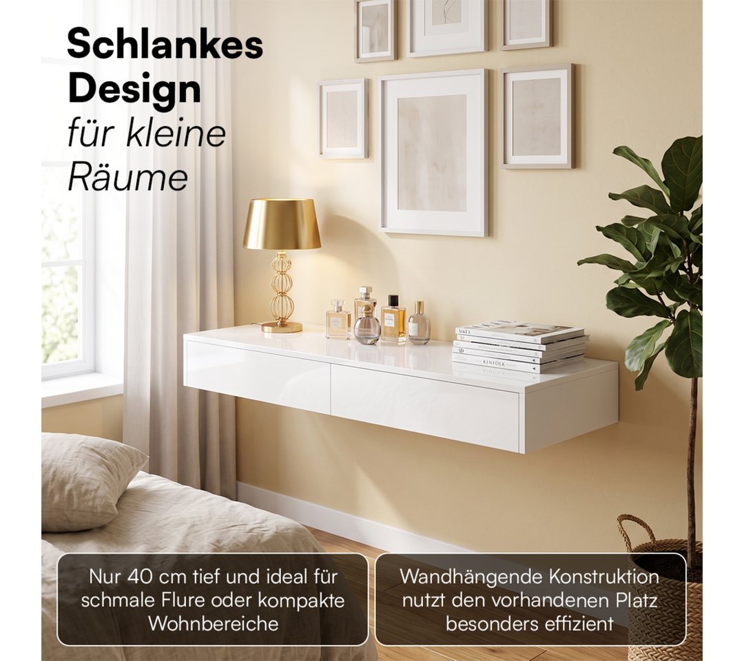Bellamio Schminktisch Kafue mit 2 Schubladen, Wandregal 110x40x14 cm, Hängeregal schmal (Weiß hochglanz), Mehrzwecktisch mit Stauraum, Schweberegal Schlafzimmer – Bild 2 von 5