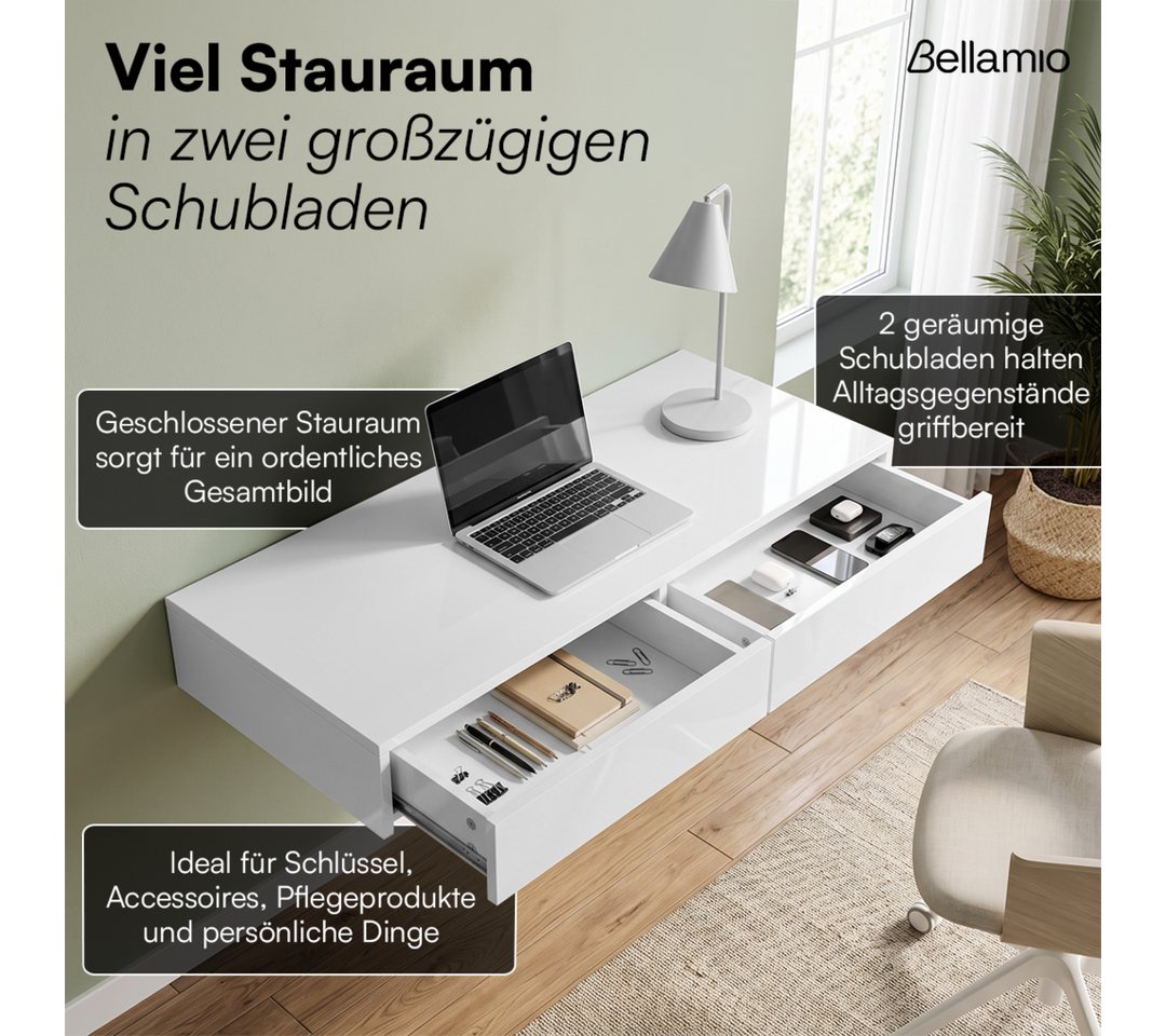 Bellamio Schminktisch Kafue mit 2 Schubladen, Wandregal 110x40x14 cm, Hängeregal schmal (Weiß hochglanz), Mehrzwecktisch mit Stauraum, Schweberegal Schlafzimmer – Bild 3 von 5