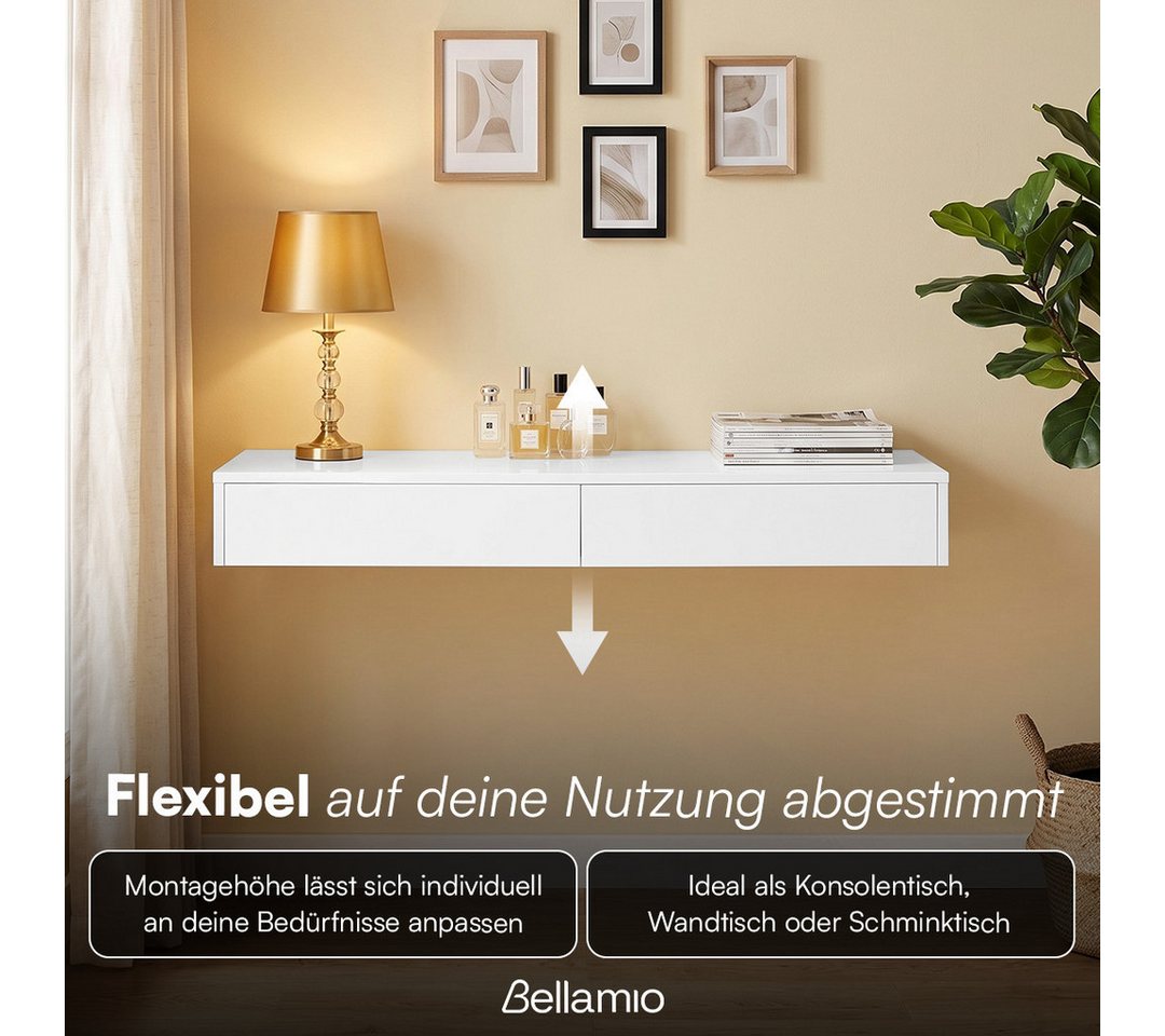 Bellamio Schminktisch Kafue mit 2 Schubladen, Wandregal 110x40x14 cm, Hängeregal schmal (Weiß hochglanz), Mehrzwecktisch mit Stauraum, Schweberegal Schlafzimmer – Bild 4 von 5