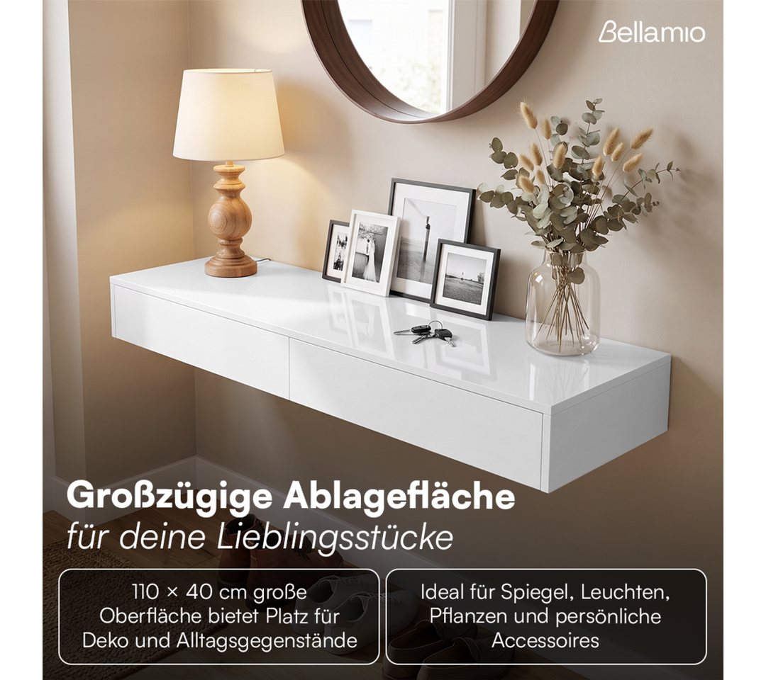 Bellamio Schminktisch Kafue mit 2 Schubladen, Wandregal 110x40x14 cm, Hängeregal schmal (Weiß hochglanz), Mehrzwecktisch mit Stauraum, Schweberegal Schlafzimmer – Bild 5 von 5