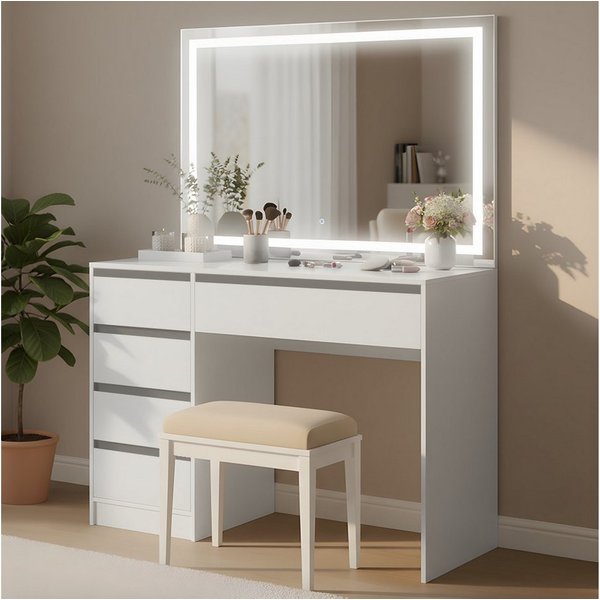 Bellamio Schminktisch Nore mit Spiegel, mit und ohne LED-Beleuchtung (Weiß, 5 Schubladen, 110x70x53 cm), Kosmetiktisch mit 3 Farbstufen & Touch-Sensor