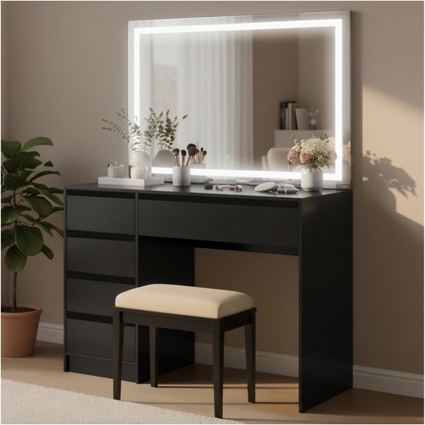 Bellamio Schminktisch Nore mit Spiegel, mit und ohne LED-Beleuchtung (Schwarz, 5 Schubladen, 110x70x53 cm), Kosmetiktisch mit 3 Farbstufen & Touch-Sensor