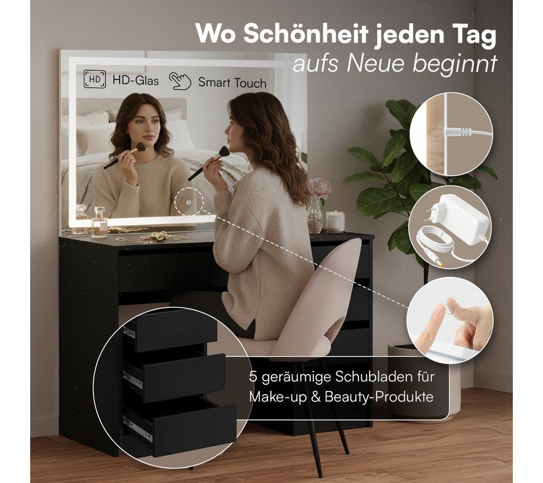 Bellamio Schminktisch Nore mit Spiegel, mit und ohne LED-Beleuchtung (Schwarz, 5 Schubladen, 110x70x53 cm), Kosmetiktisch mit 3 Farbstufen & Touch-Sensor – Bild 2 von 5