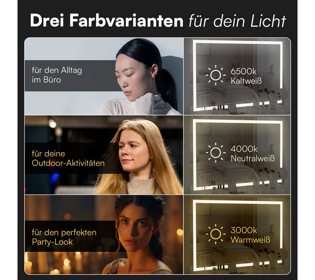 Bellamio Schminktisch Nore mit Spiegel, mit und ohne LED-Beleuchtung (Schwarz, 5 Schubladen, 110x70x53 cm), Kosmetiktisch mit 3 Farbstufen & Touch-Sensor – Bild 4 von 5