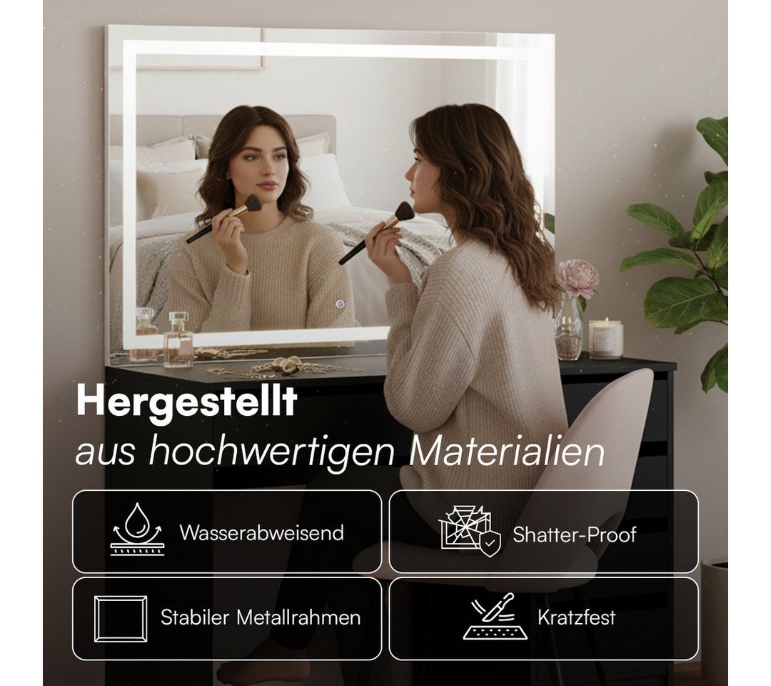 Bellamio Schminktisch Nore mit Spiegel, mit und ohne LED-Beleuchtung (Schwarz, 5 Schubladen, 110x70x53 cm), Kosmetiktisch mit 3 Farbstufen & Touch-Sensor – Bild 5 von 5