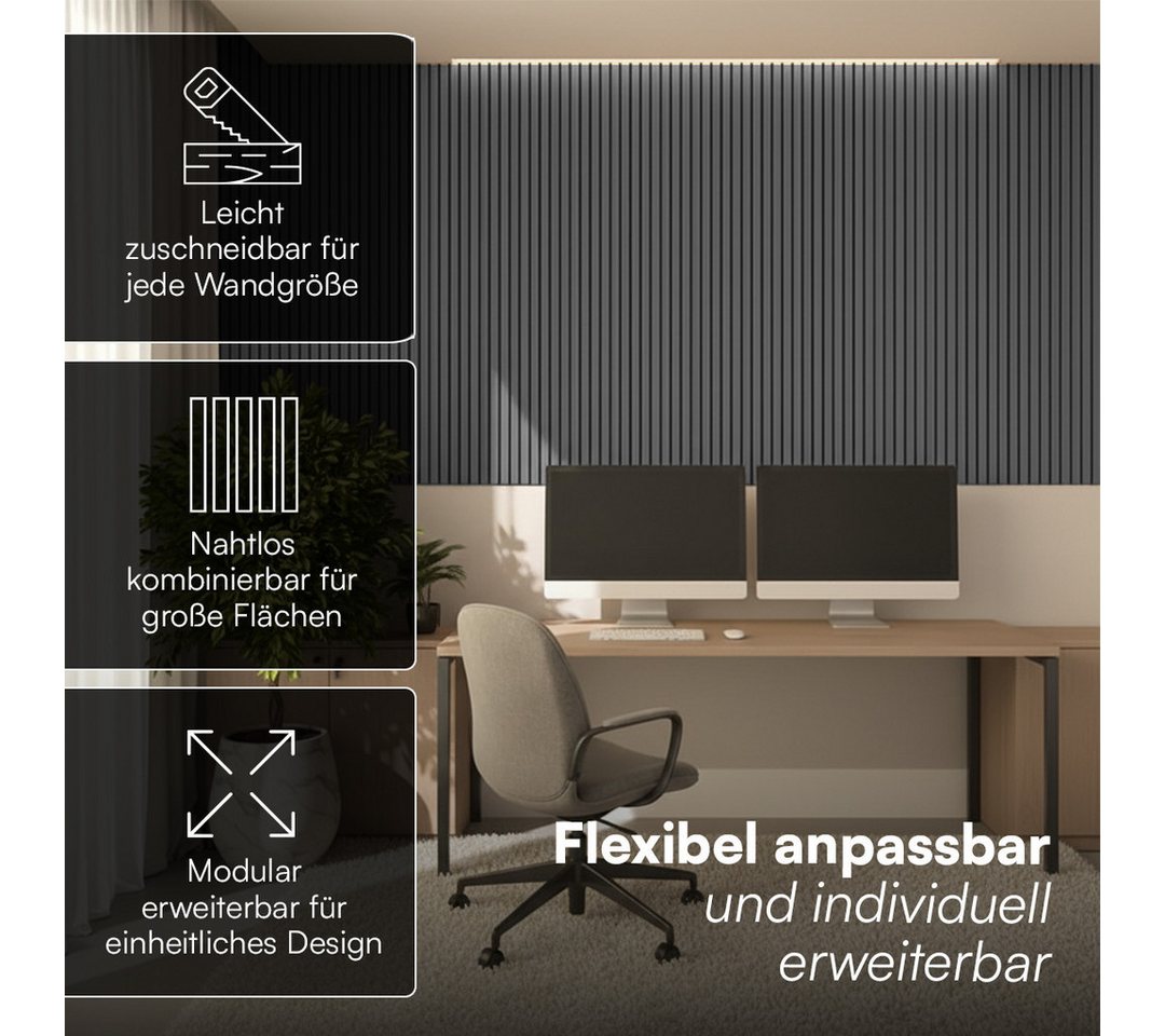 Bellamio Wandpaneel Kilwa, Akustikpaneel Holzoptik, BxL: 60x140 cm, 0,84 qm, (Dunkelgrau, 4-tlg) 3D Lamellenwand schallabsorbierend, in verschiedenen Größen ver – Bild 3 von 5