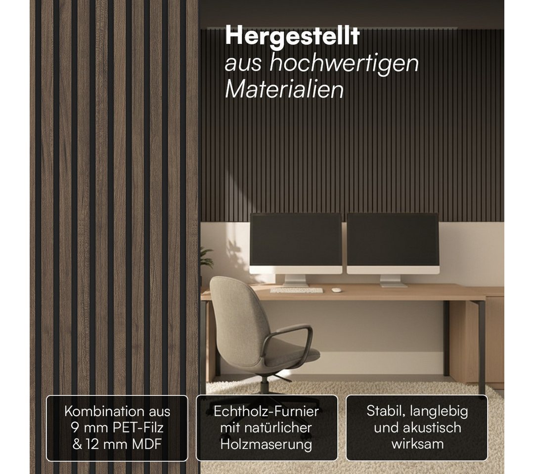 Bellamio Wandpaneel Kilwa, Akustikpaneel Holzoptik, BxL: 60x110 cm, 0,66 qm, (Walnuss, 2-tlg) 3D Lamellenwand schallabsorbierend, in verschiedenen Größen verfüg – Bild 4 von 5
