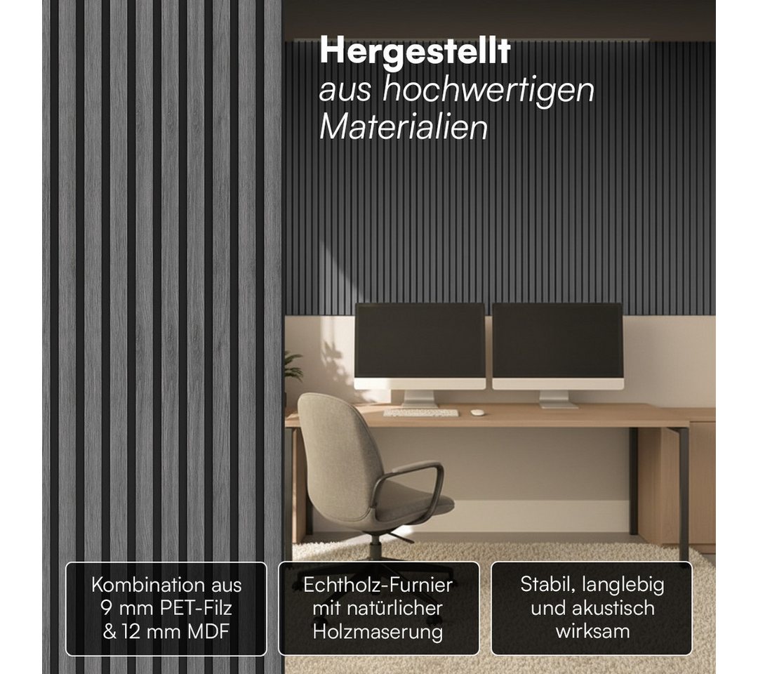Bellamio Wandpaneel Kilwa, Akustikpaneel Holzoptik, BxL: 60x140 cm, 0,84 qm, (Dunkelgrau, 2-tlg) 3D Lamellenwand schallabsorbierend, in verschiedenen Größen ver – Bild 4 von 5