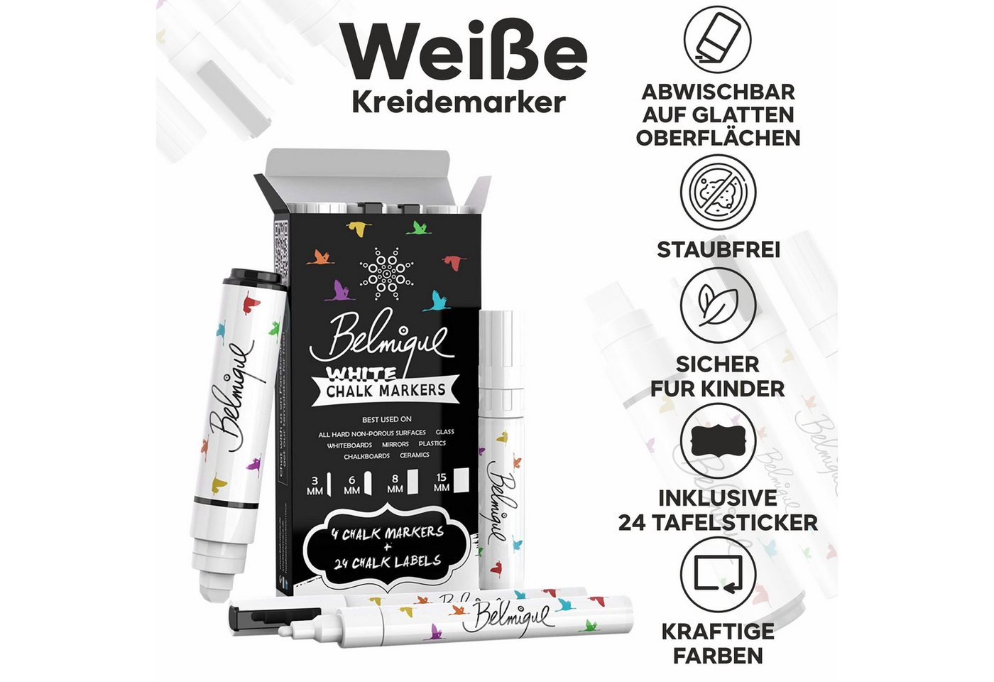 Belmique Malkreide Kreidemarker, (4-tlg), Ideal für glatte Tafel, Fenster, Blackboard, Tafelfolie – Bild 2 von 5