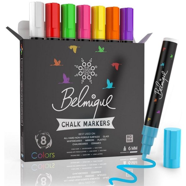 Belmique Malkreide Kreidemarker, (Set aus 8 bunte Farben, 8-tlg), Ideal für Tafel, Fenster, Whiteboard - Rund- & Schrägkeilspitze