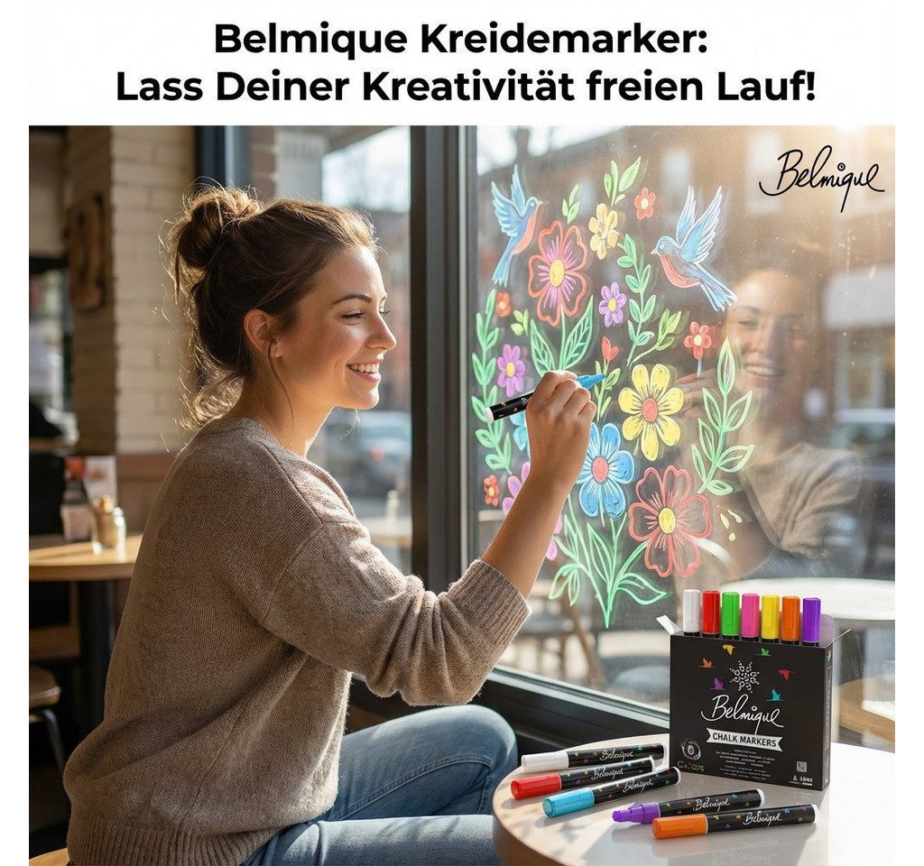 Belmique Malkreide Kreidemarker, (Set aus 8 bunte Farben, 8-tlg), Ideal für Tafel, Fenster, Whiteboard - Rund- & Schrägkeilspitze – Bild 2 von 5