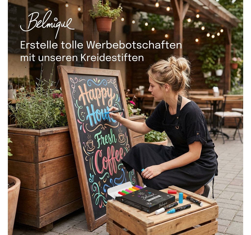 Belmique Malkreide Kreidemarker, (Set aus 8 bunte Farben, 8-tlg), Ideal für Tafel, Fenster, Whiteboard - Rund- & Schrägkeilspitze – Bild 3 von 5
