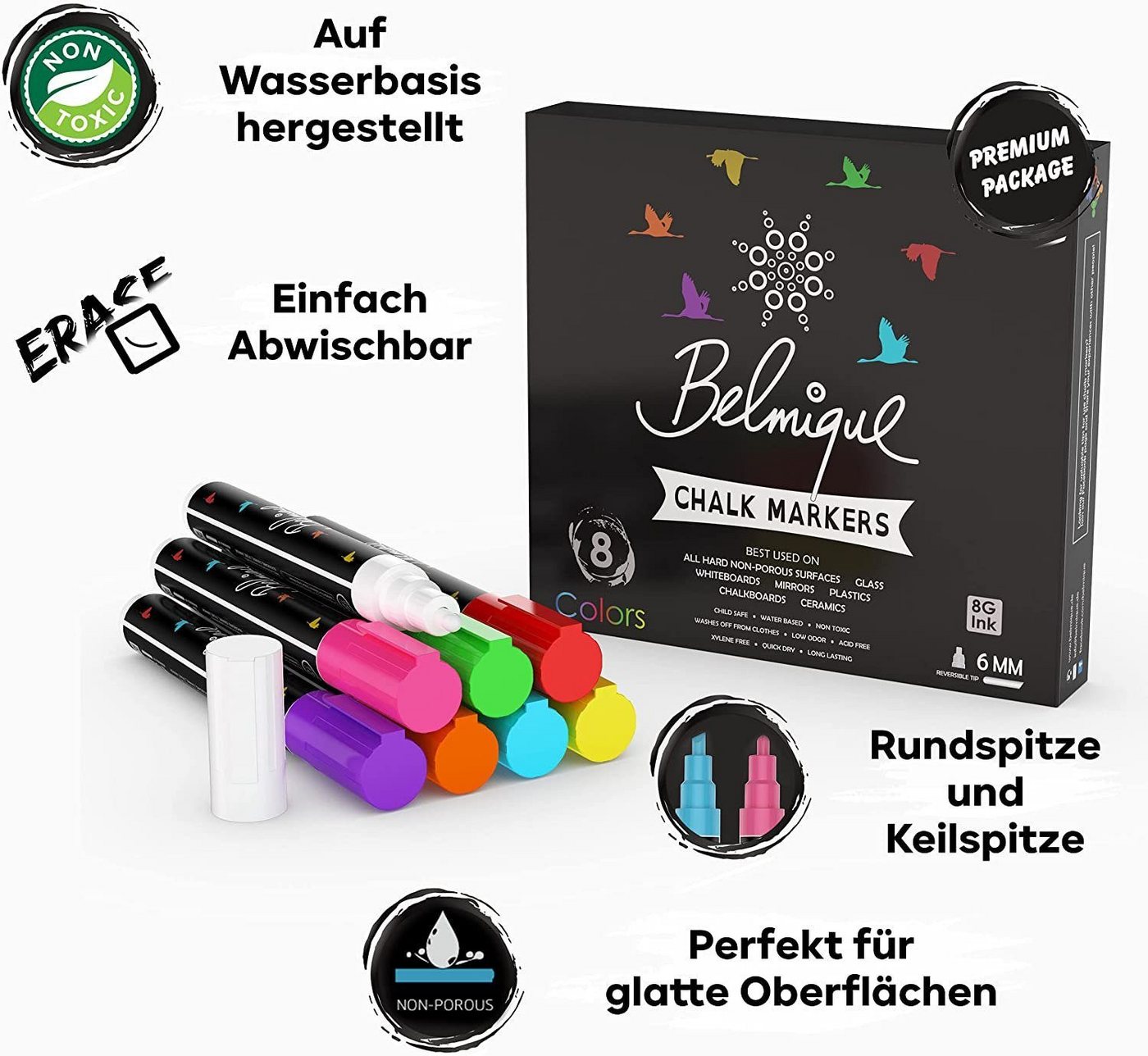 Belmique Malkreide Kreidemarker, (Set aus 8 bunte Farben, 8-tlg), Ideal für Tafel, Fenster, Whiteboard - Rund- & Schrägkeilspitze – Bild 5 von 5