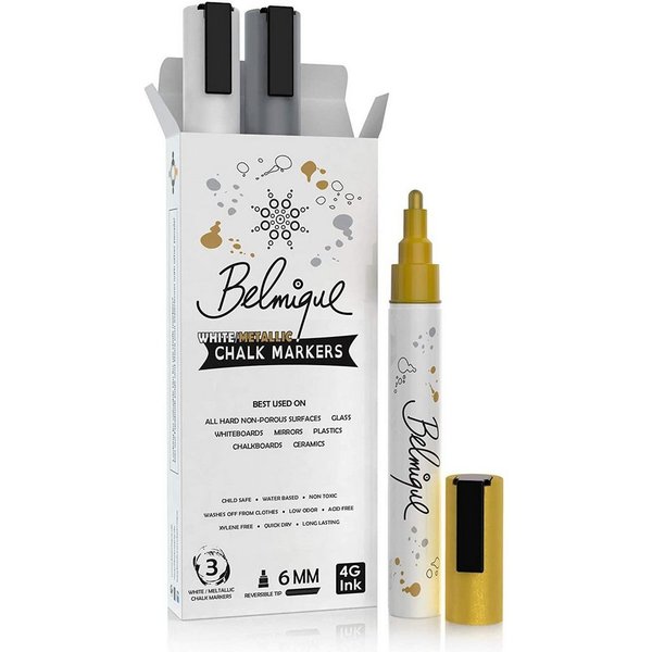 Belmique Malkreide Kreidemarker, (3er Pack, 4-tlg., Ideal als Kreidestifte, Tafelstifte, Folienstifte, Fensterstifte), Gold, Silber, Weiß - Abwischbar auf glatt