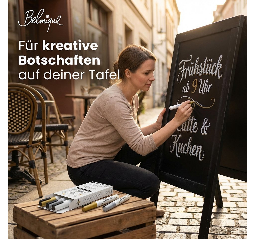 Belmique Malkreide Kreidemarker, (3er Pack, 4-tlg., Ideal als Kreidestifte, Tafelstifte, Folienstifte, Fensterstifte), Gold, Silber, Weiß - Abwischbar auf glatt – Bild 4 von 5