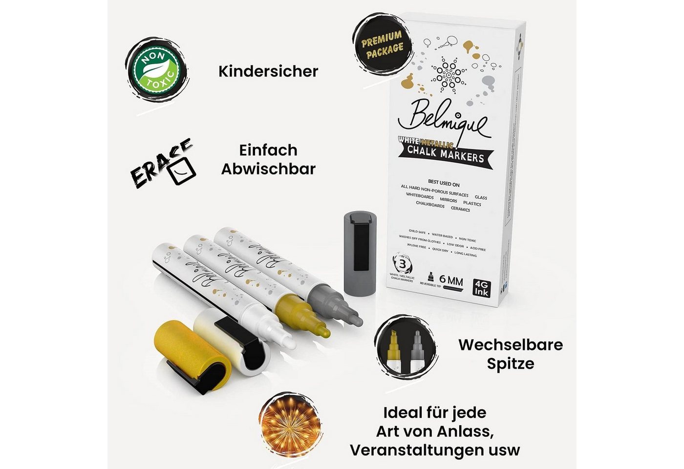 Belmique Malkreide Kreidemarker, (3er Pack, 4-tlg., Ideal als Kreidestifte, Tafelstifte, Folienstifte, Fensterstifte), Gold, Silber, Weiß - Abwischbar auf glatt – Bild 5 von 5