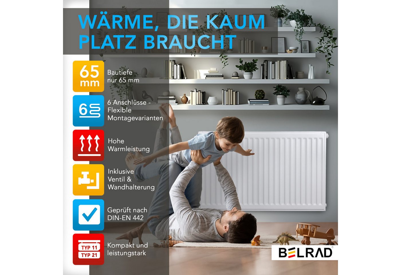 Belrad Heizkörper Typ 11 Universalheizkörper Kompakt Ventilheizkörper, 6 Anschlüsse, 65 mm tief, wandmontierbar, DIN EN 442 geprüft – Bild 2 von 5