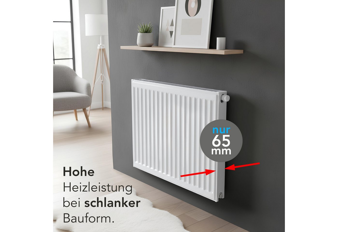 Belrad Heizkörper Typ 11 Universalheizkörper Kompakt Ventilheizkörper, 6 Anschlüsse, 65 mm tief, wandmontierbar, DIN EN 442 geprüft – Bild 3 von 5
