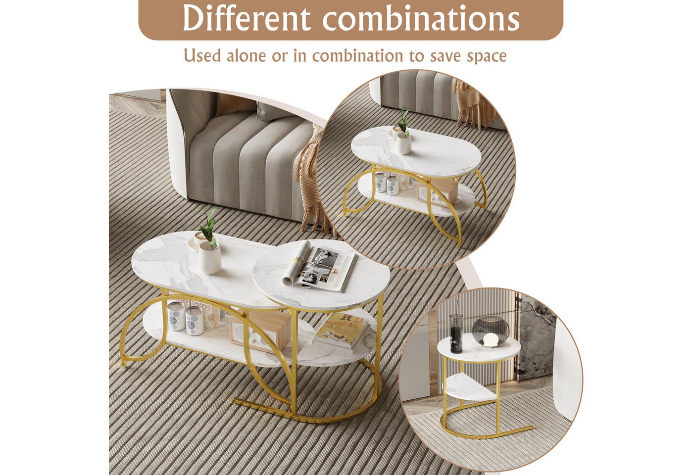 BELUPAI Couchtisch 2er Set, Wohnzimmertisch oval und rund, modern Satztisch, Beistelltisch mit Marmormuster,Gold Metallgestell,Weißes Paneel – Bild 2 von 5