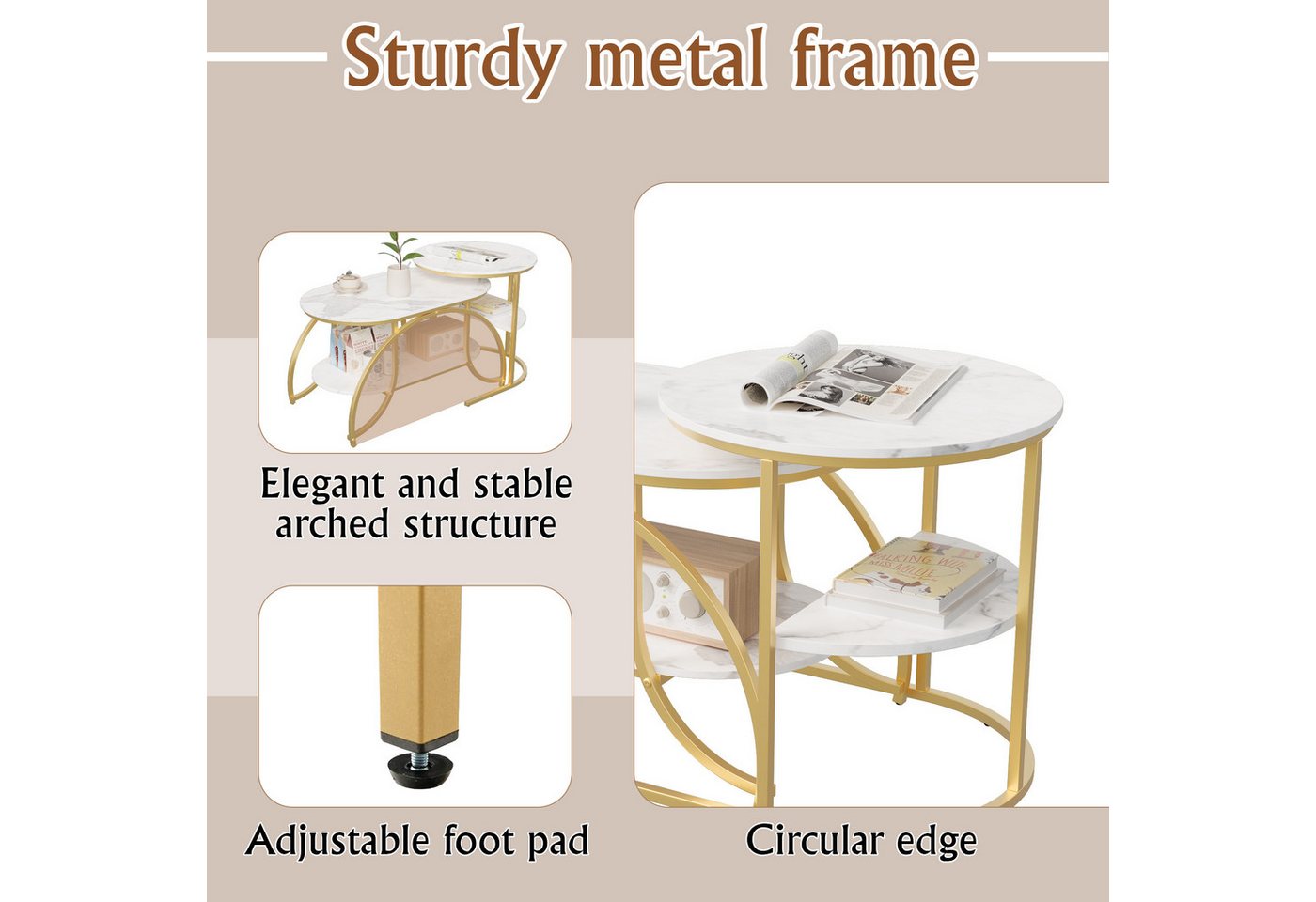 BELUPAI Couchtisch 2er Set, Wohnzimmertisch oval und rund, modern Satztisch, Beistelltisch mit Marmormuster,Gold Metallgestell,Weißes Paneel – Bild 3 von 5
