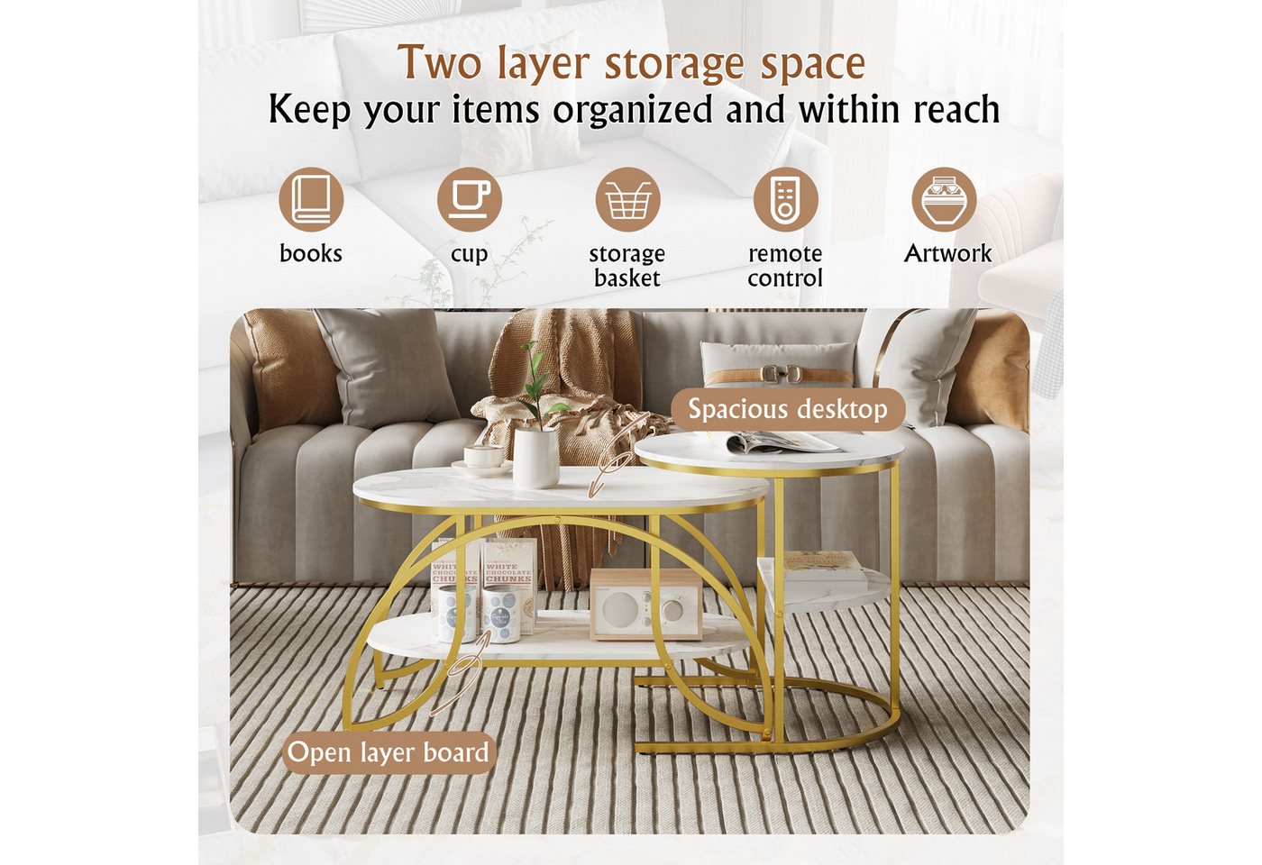 BELUPAI Couchtisch 2er Set, Wohnzimmertisch oval und rund, modern Satztisch, Beistelltisch mit Marmormuster,Gold Metallgestell,Weißes Paneel – Bild 4 von 5