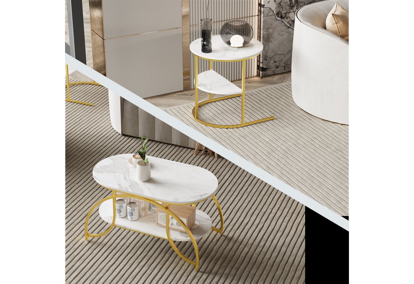 BELUPAI Couchtisch 2er Set, Wohnzimmertisch oval und rund, modern Satztisch, Beistelltisch mit Marmormuster,Gold Metallgestell,Weißes Paneel – Bild 5 von 5