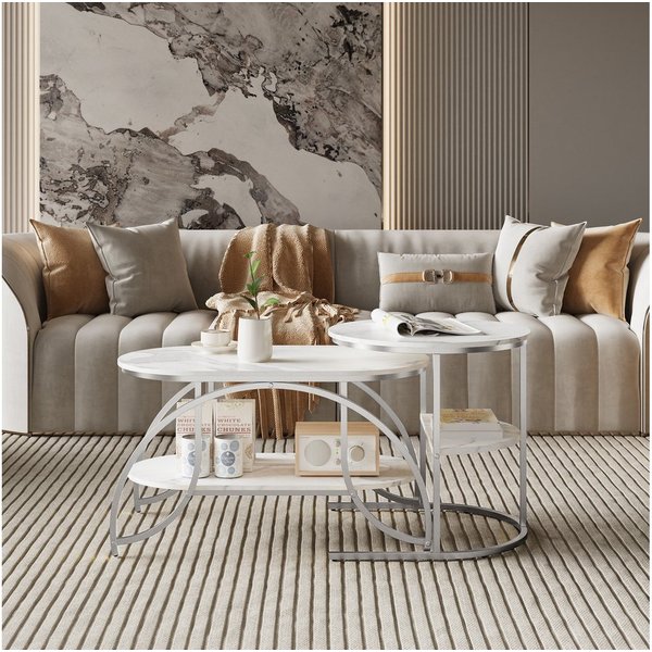 BELUPAI Couchtisch 2er Set, Wohnzimmertisch oval und rund, modern Satztisch, Beistelltisch mit Marmormuster,Silber Metallgestell,Weißes Paneel