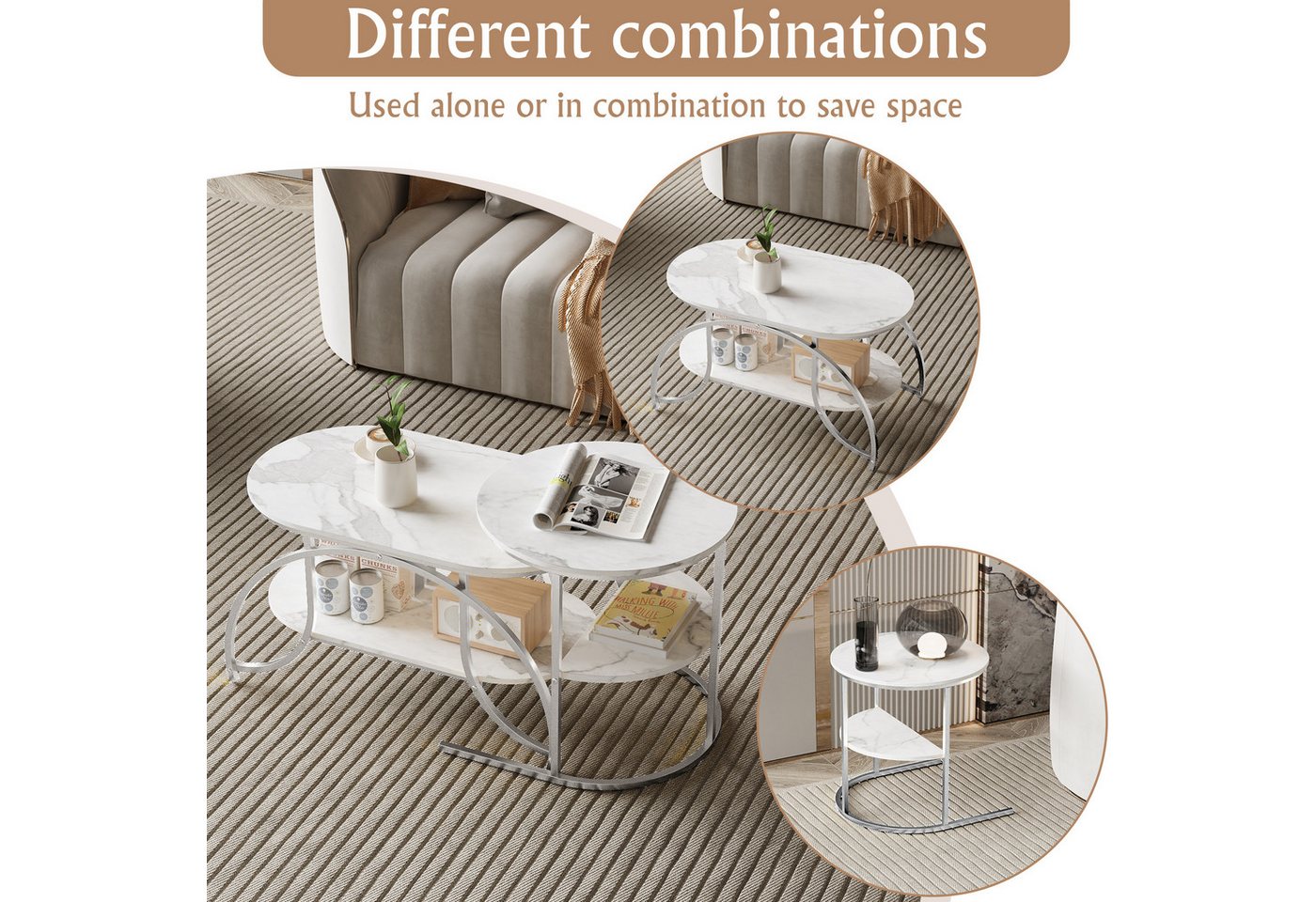 BELUPAI Couchtisch 2er Set, Wohnzimmertisch oval und rund, modern Satztisch, Beistelltisch mit Marmormuster,Silber Metallgestell,Weißes Paneel – Bild 2 von 5