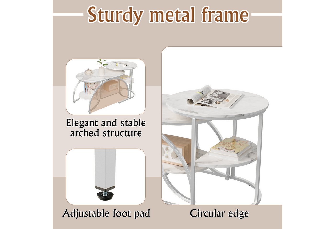 BELUPAI Couchtisch 2er Set, Wohnzimmertisch oval und rund, modern Satztisch, Beistelltisch mit Marmormuster,Silber Metallgestell,Weißes Paneel – Bild 3 von 5
