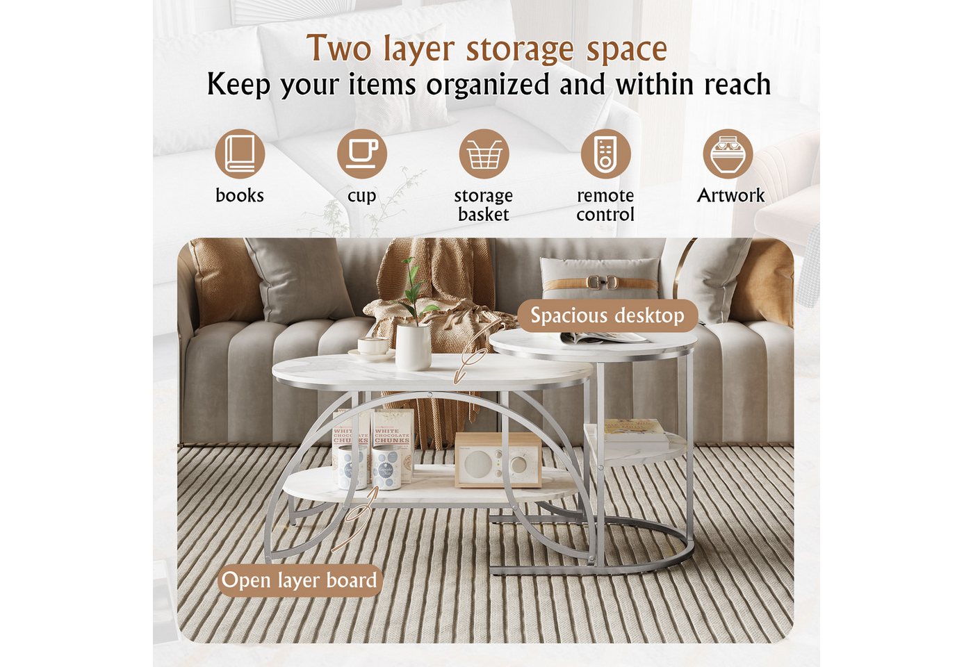 BELUPAI Couchtisch 2er Set, Wohnzimmertisch oval und rund, modern Satztisch, Beistelltisch mit Marmormuster,Silber Metallgestell,Weißes Paneel – Bild 4 von 5