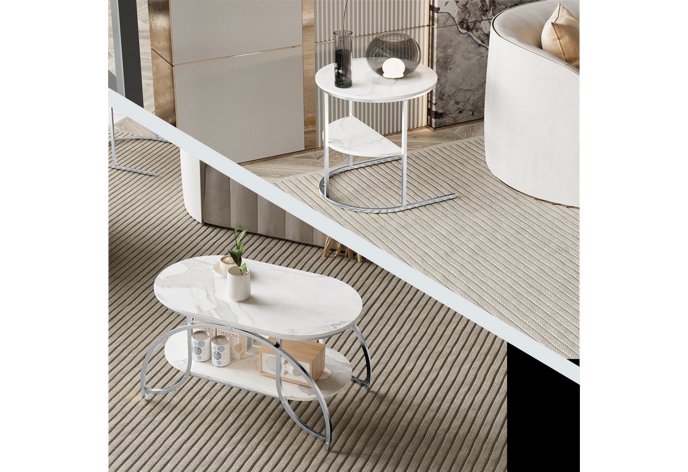BELUPAI Couchtisch 2er Set, Wohnzimmertisch oval und rund, modern Satztisch, Beistelltisch mit Marmormuster,Silber Metallgestell,Weißes Paneel – Bild 5 von 5