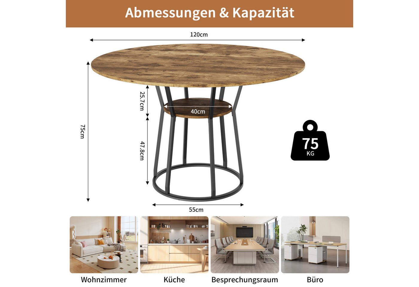BELUPAI Esstisch Runder Esstisch, Küchentisch,Esszimmertisch (Set, 1-St., 120x75 cm, 1 Tisch,4-6 Personen), Metallgestell,Braun – Bild 2 von 5