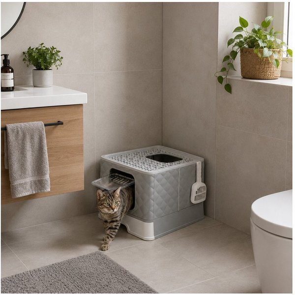belviona Katzentoilette, auslaufsicher & hygienisch, mit Schublade & Streufanggitter, Faltbares Katzenklo, hellgrau