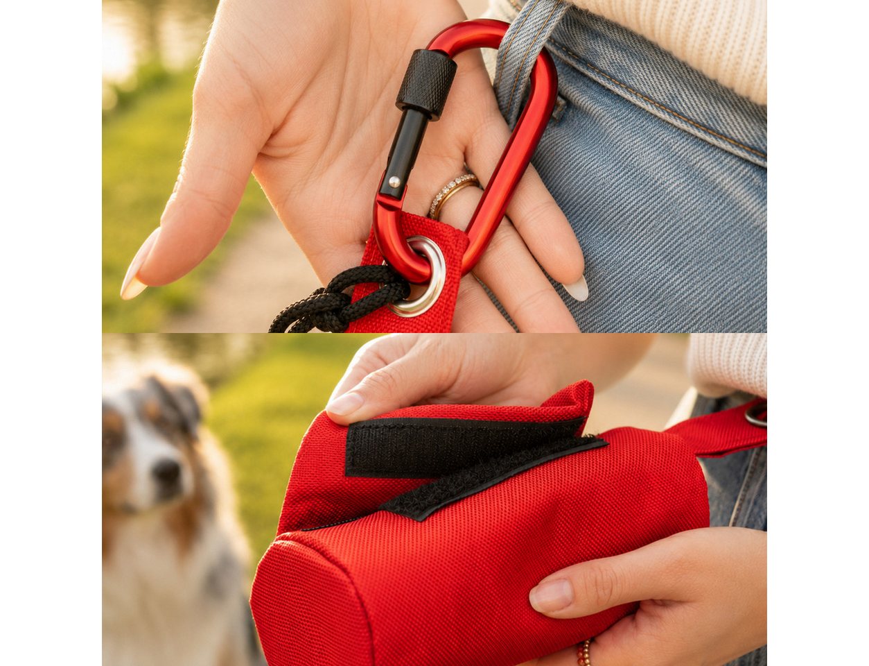 belviona Leckerlibeutel für Apportiertraining mit Wurfhilfe & Karabiner, robust & sicher, rot (1-tlg), wasserfester Futterdummy, Hundefutterbeutel – Bild 3 von 5