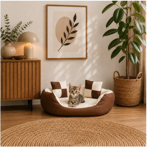 belviona Tierkissen, Katzenbettchen mit niedrigem Einstieg, 65x50 cm, braun/beige, Oxford, Katzenkörbchen 4-in-1, wendbares Katzenbett