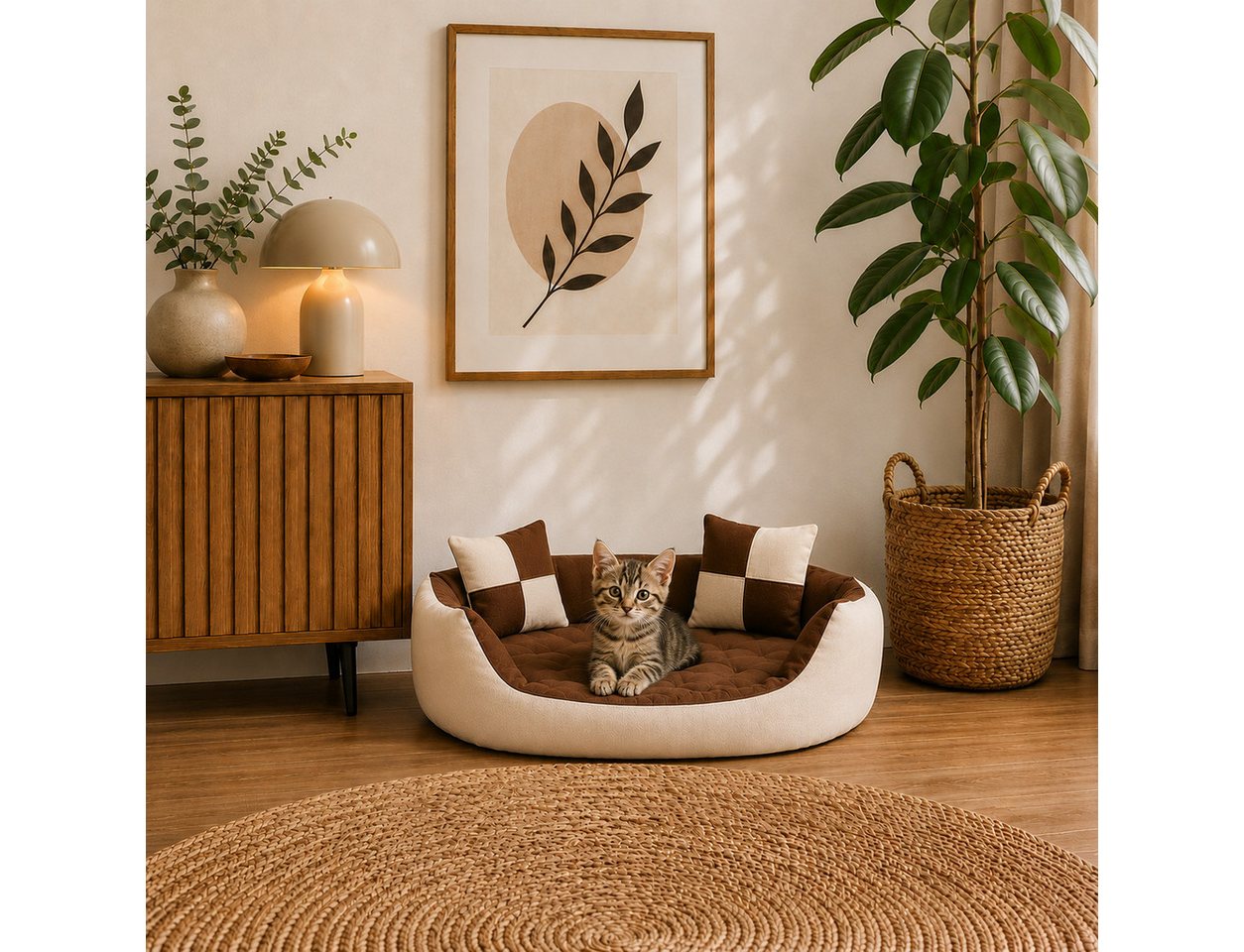 belviona Tierkissen, Katzenbettchen mit niedrigem Einstieg, 65x50 cm, braun/beige, Oxford, Katzenkörbchen 4-in-1, wendbares Katzenbett – Bild 2 von 5
