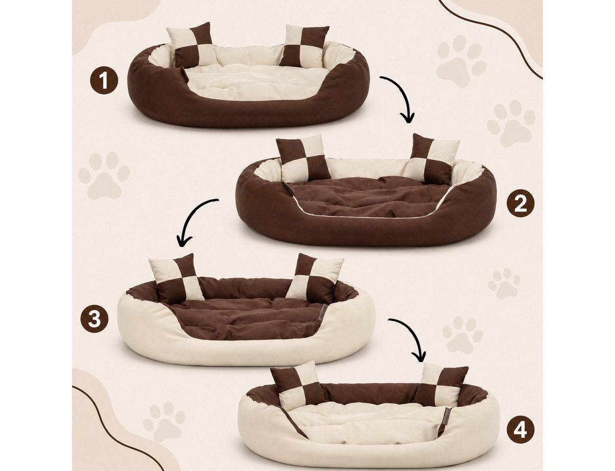 belviona Tierkissen, Katzenbettchen mit niedrigem Einstieg, 65x50 cm, braun/beige, Oxford, Katzenkörbchen 4-in-1, wendbares Katzenbett – Bild 3 von 5