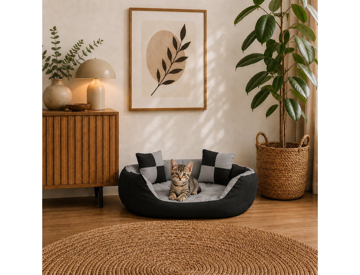 belviona Tierkissen, Katzenbettchen mit niedrigem Einstieg, 65x50 cm, grau/schwarz, Oxford, Katzenkörbchen 4-in-1, wendbares Katzenbett – Bild 2 von 5