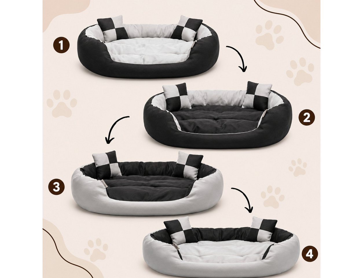 belviona Tierkissen, Katzenbettchen mit niedrigem Einstieg, 65x50 cm, grau/schwarz, Oxford, Katzenkörbchen 4-in-1, wendbares Katzenbett – Bild 3 von 5