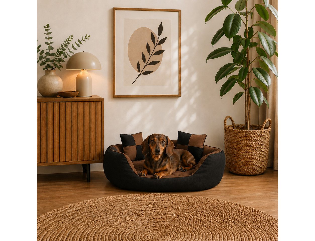 belviona Tierkissen, Hundekörbchen wasserabweisend, 65x50 cm, schwarz/braun, Oxford, Hundebett mit Wendekissen, tiefer Einstieg & 2 Spielkissen – Bild 2 von 5