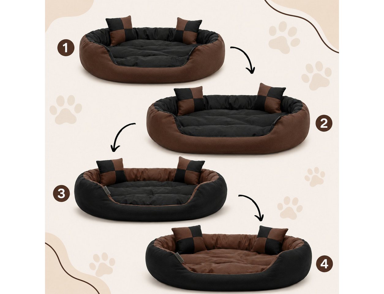 belviona Tierkissen, Hundekörbchen wasserabweisend, 65x50 cm, schwarz/braun, Oxford, Hundebett mit Wendekissen, tiefer Einstieg & 2 Spielkissen – Bild 3 von 5