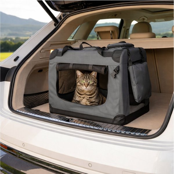 belviona Tiertransporttasche für Katzen, faltbar mit Mesh-Fenstern, 50x34x36 cm, dunkelgrau bis 10 kg, leichte & stabile Katzentransportbox mit Innenkissen & Ta